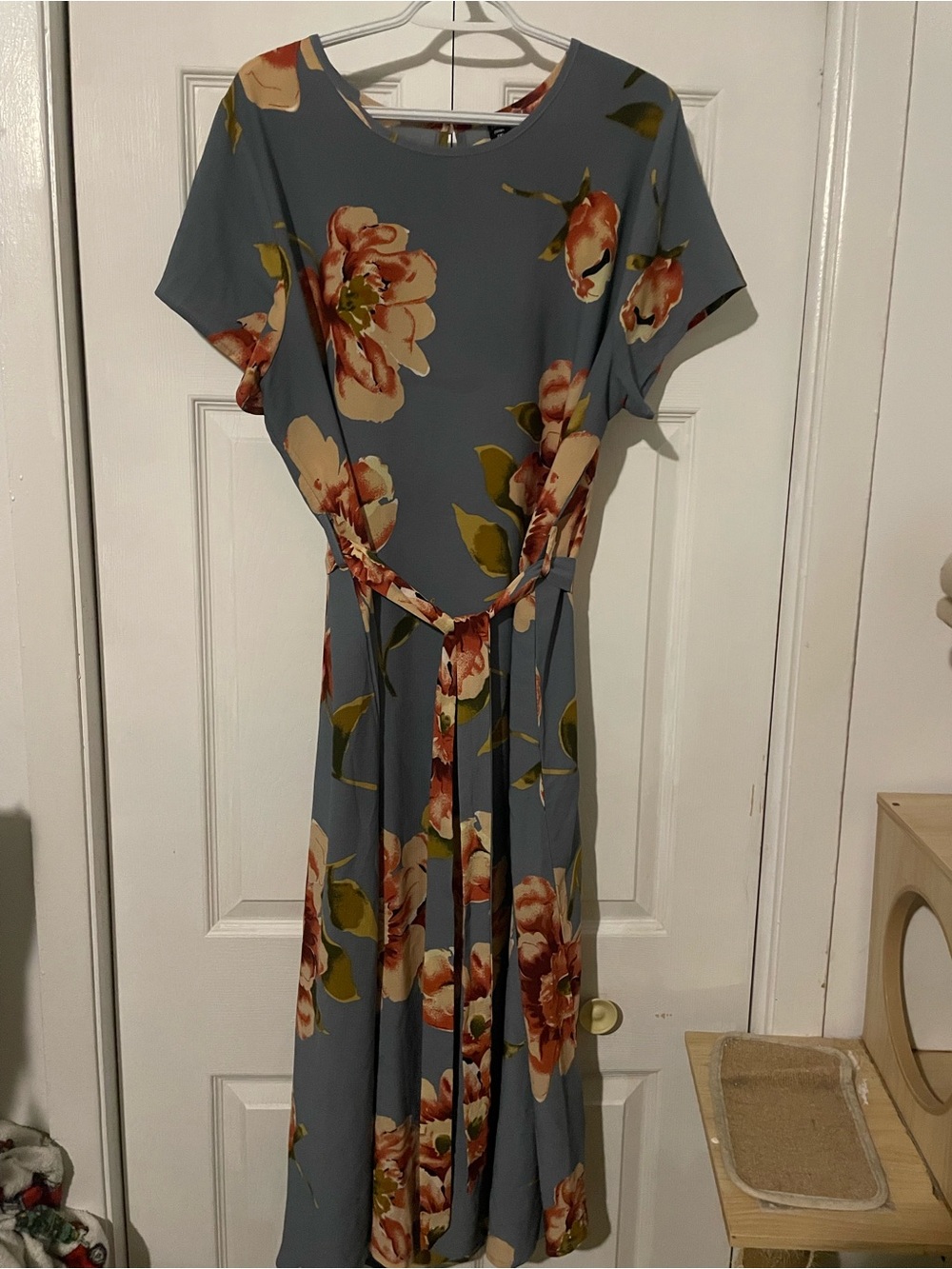 Studio C Dusty Blue Floral Maxi Dress with Peach Blooms